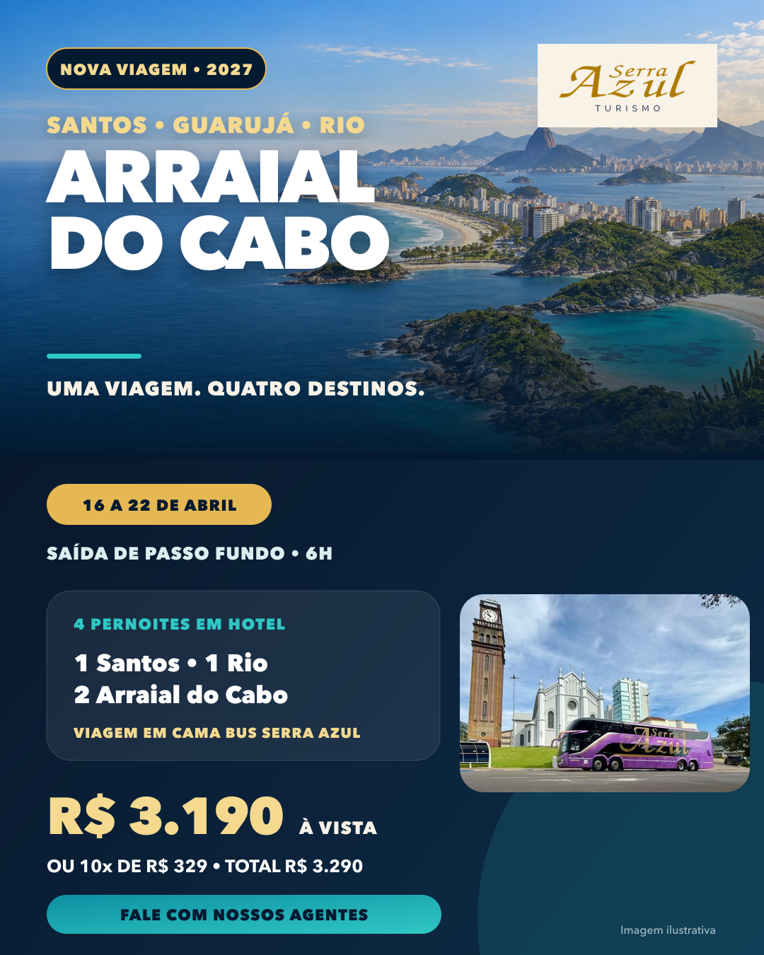 Cartaz da viagem Santos, Guarujá, Rio e Arraial do Cabo